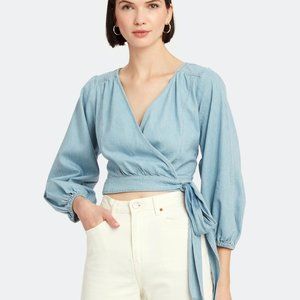 V Wrap Sophie DENIM Blue Jean Free People Crop Half Top NEW Large Tie at Waist